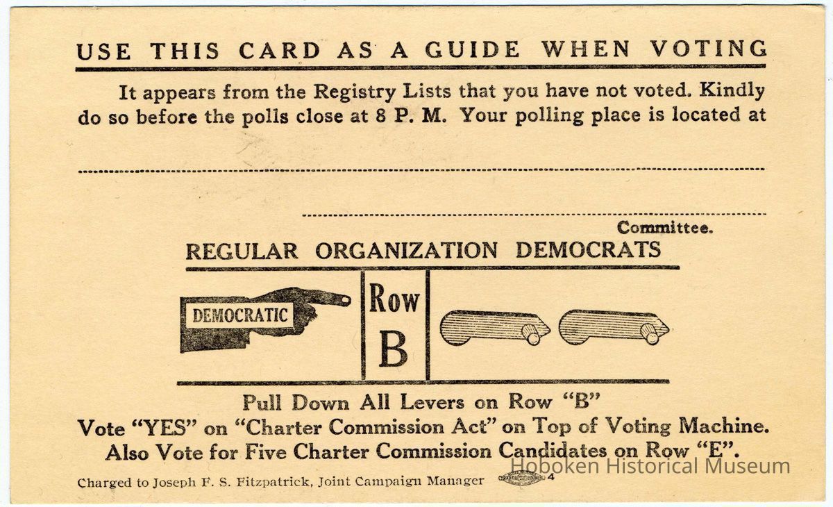 Digital image, printed card: Use this Card as A Guide When Voting. Issued by Hoboken Democratic party, General Elections, Hoboken,1951. picture number 1