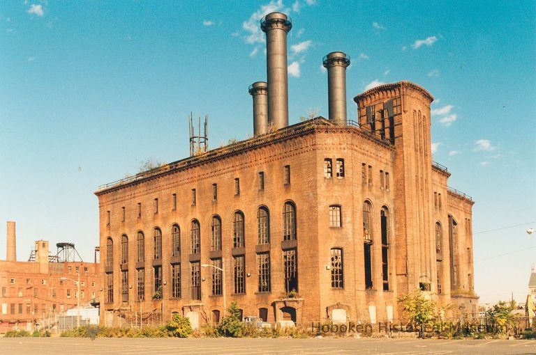 Digital image of color photo of the exterior of the former Hudson & Manhattan Rail Road powerhouse, Jersey City, Oct. 1998. picture number 1