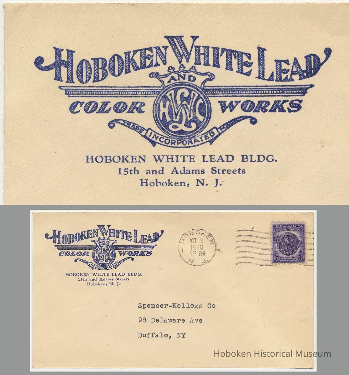 detail of imprinted name + full view of envelope