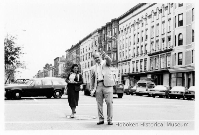 B+W photo of mayoral candidate Tom Vezzetti campaigning at Twelfth & Washington Sts., Hoboken, no date, ca. June 1985. picture number 1