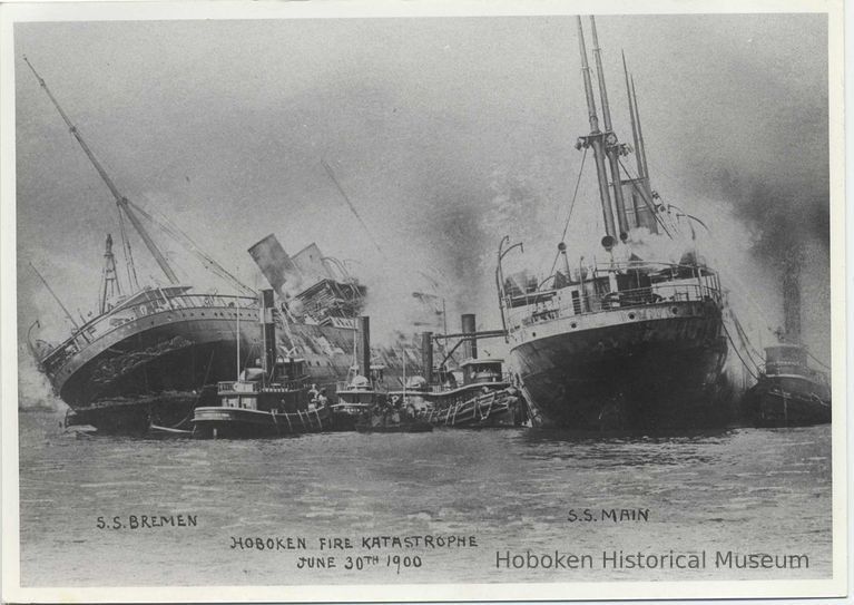 B+W copy photo of postcard, Hoboken Fire Katastrophe, June 30th, 1900, with S.S. Bremen, S.S. Main. picture number 1