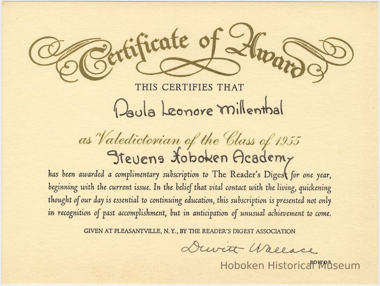 Digital image of certificate of award to Paula Millenthal, valedictorian, Class of 1955, Stevens Hoboken Academy, Hoboken by Reader's Digest Association, 1955. picture number 1