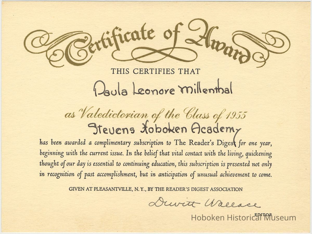 Digital image of certificate of award to Paula Millenthal, valedictorian, Class of 1955, Stevens Hoboken Academy, Hoboken by Reader's Digest Association, 1955. picture number 1
