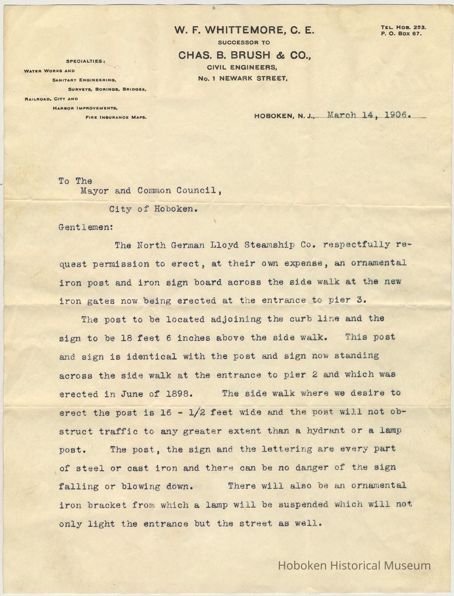 Typed letter from W.F. Whittemore to City of Hoboken, March 14, 1906 re NGL signage. picture number 1
