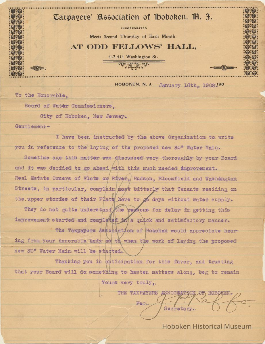 TLS: Taxpayers' Association of Hoboken to Board of Water Commissioners, Hoboken, Jan. 16, 1908 re delay in starting work on 30 inch water main. picture number 1