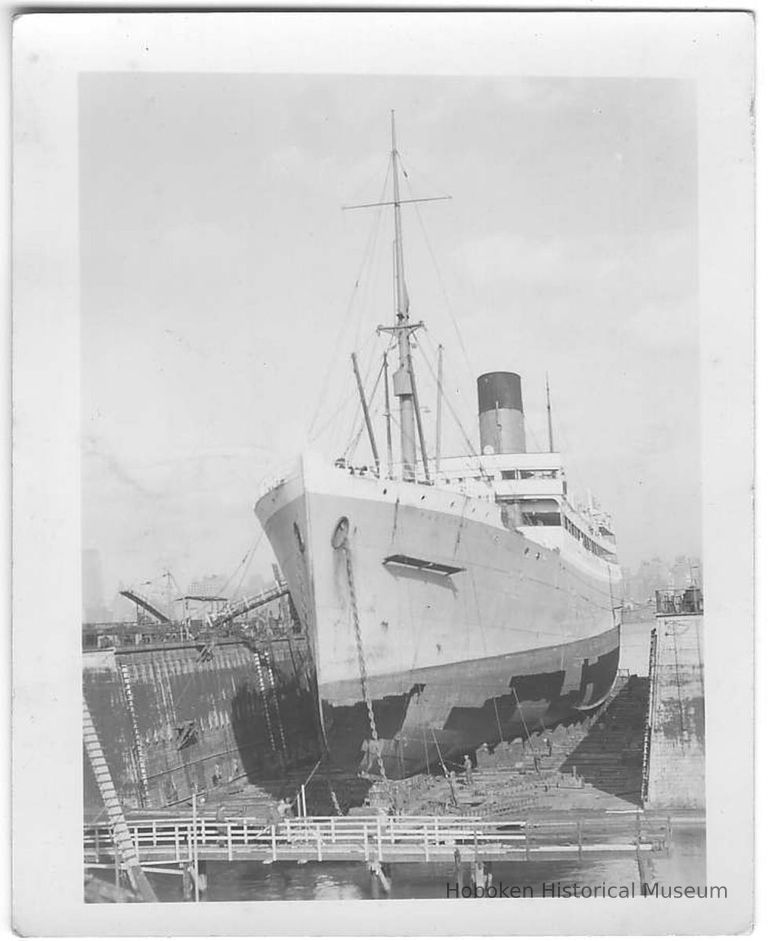 B+W photo of hull painting of the S.S. Pastores in dry dock, Hoboken, no date, ca. 1940. picture number 1