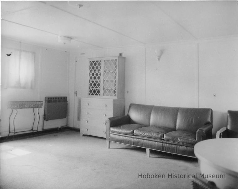 B+W photo of the interior of a passenger lounge on unknown vessel, Hoboken, no date, ca. 1940. picture number 1