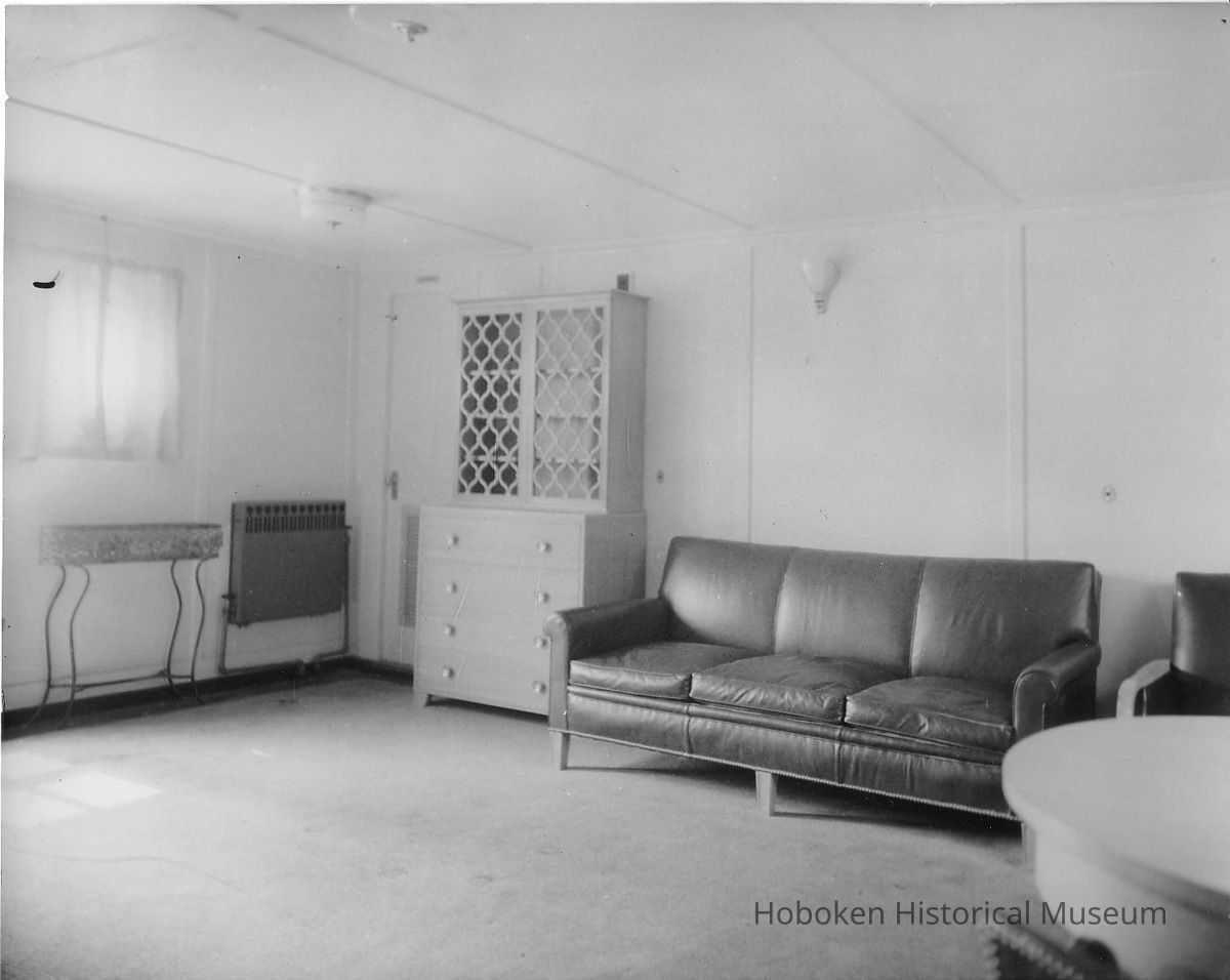 B+W photo of the interior of a passenger lounge on unknown vessel, Hoboken, no date, ca. 1940. picture number 1