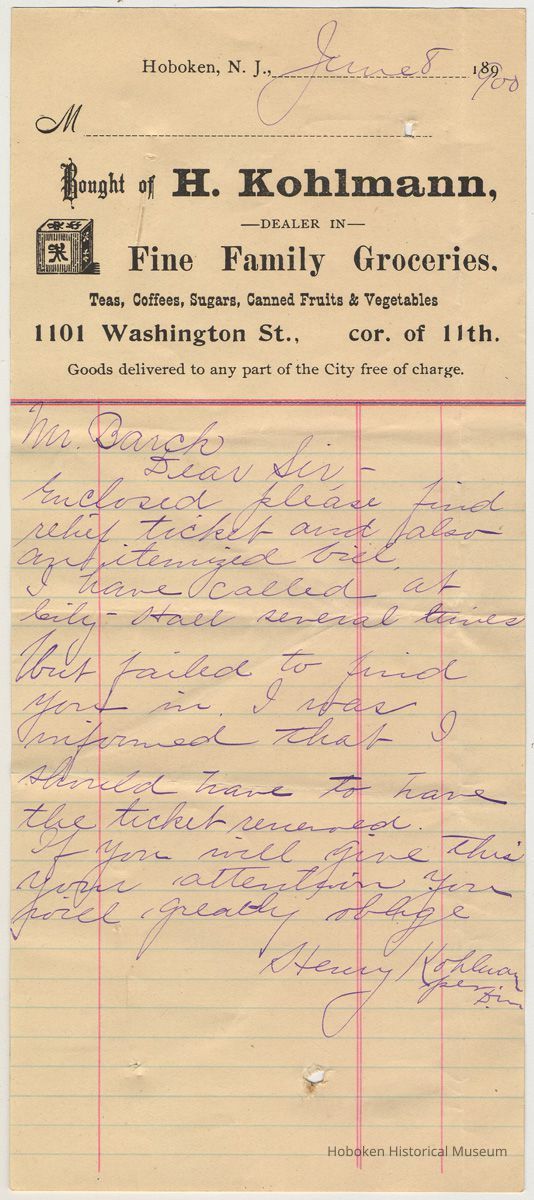 Note from H.Kohlmann, 1101 Washington St., to Mr. Barck (Overseer of the Poor) regarding an overdue bill, June 8, 1900. picture number 1
