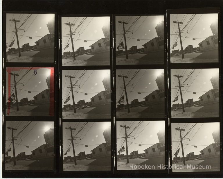 B+W negative contact sheet of images of Hoboken taken by John Conn. no date, [1976]. picture number 1