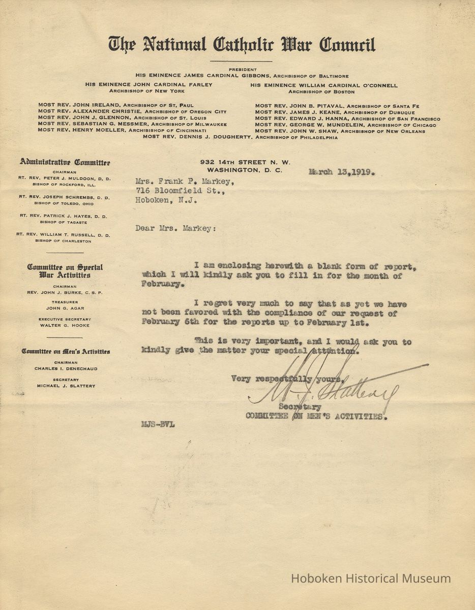 TLS to Mrs. Frank P. Markey (Mary H. Markey) re Admiral Benson Club, Hoboken, March 13, 1919. picture number 1