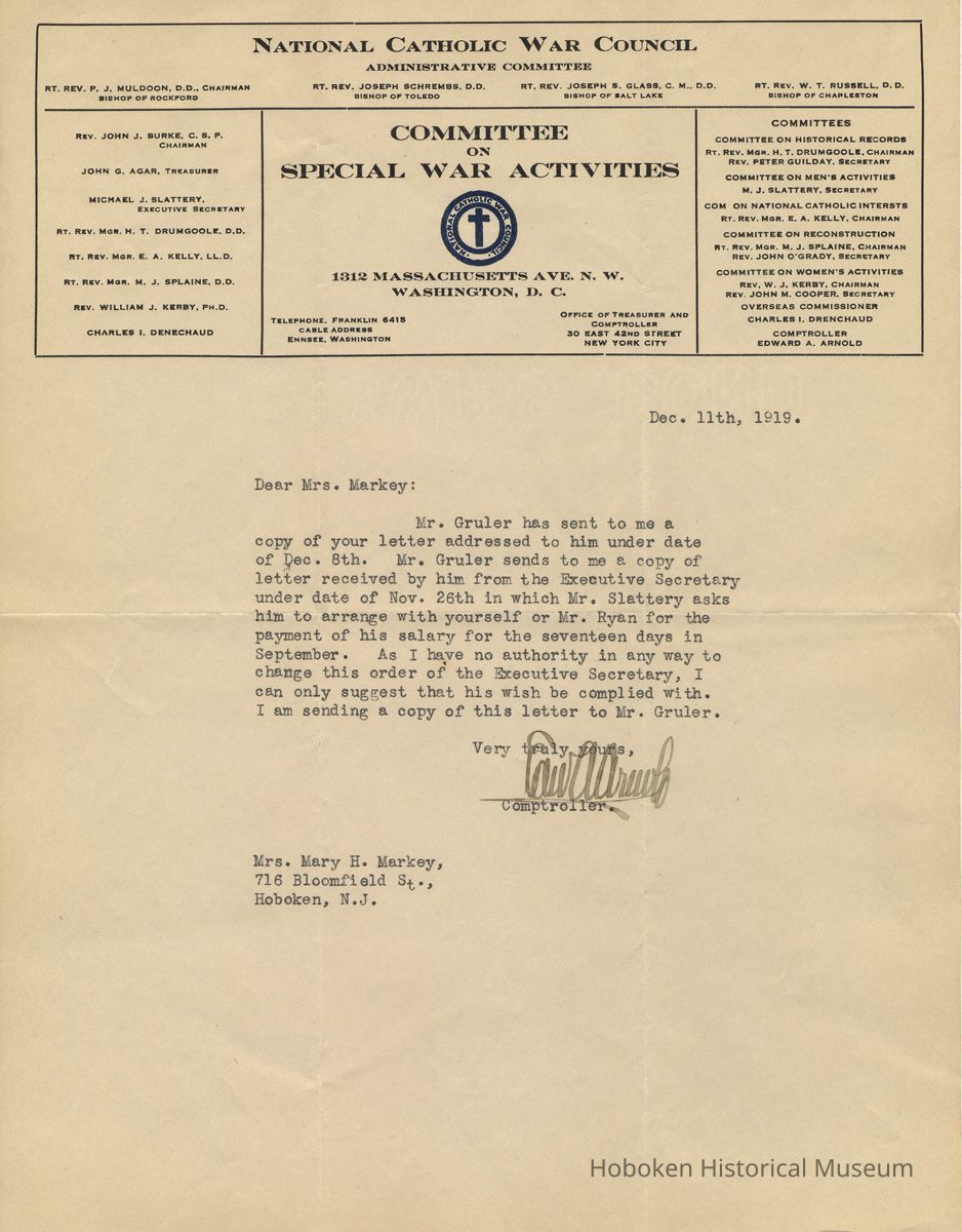 TLS from Edward Arnold, National Catholic War Council to Mrs. Mary H. Markey, Hoboken, Dec. 11, 1919, re Admiral Benson Club, and salary of Gruler. picture number 1
