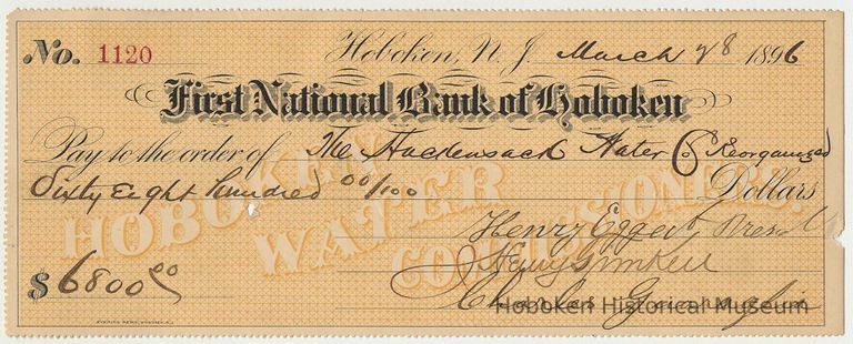 Bank check: Hoboken Water Commissioners, First National Bank of Hoboken to Hackensack Water Co. Reorg., March 28, 1896. picture number 1