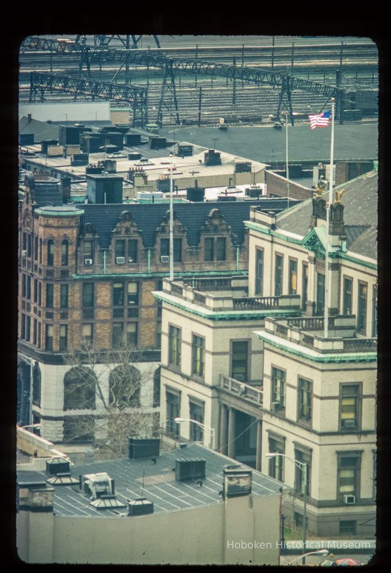 Color slide of aerial view from Washington and Newark looking SW at the Hoboken City Hall façade. picture number 1