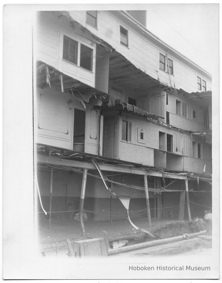 B+W photo of the damaged superstructure of an unknown passenger ship (dayliner?), Hoboken, no date, ca. 1940. picture number 1