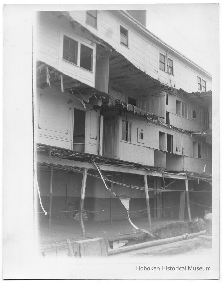 B+W photo of the damaged superstructure of an unknown passenger ship (dayliner?), Hoboken, no date, ca. 1940. picture number 1