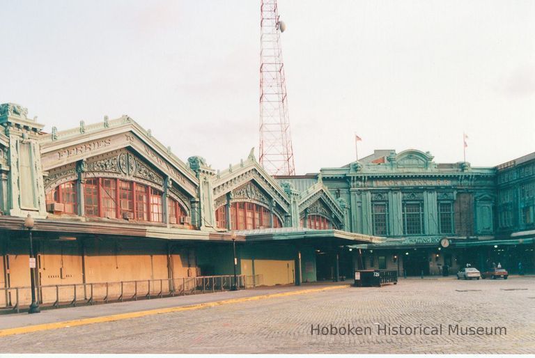 Digital image of color photo of the partially restored western facade of the Hoboken Terminal, Hoboken, Aug., 1998. picture number 1