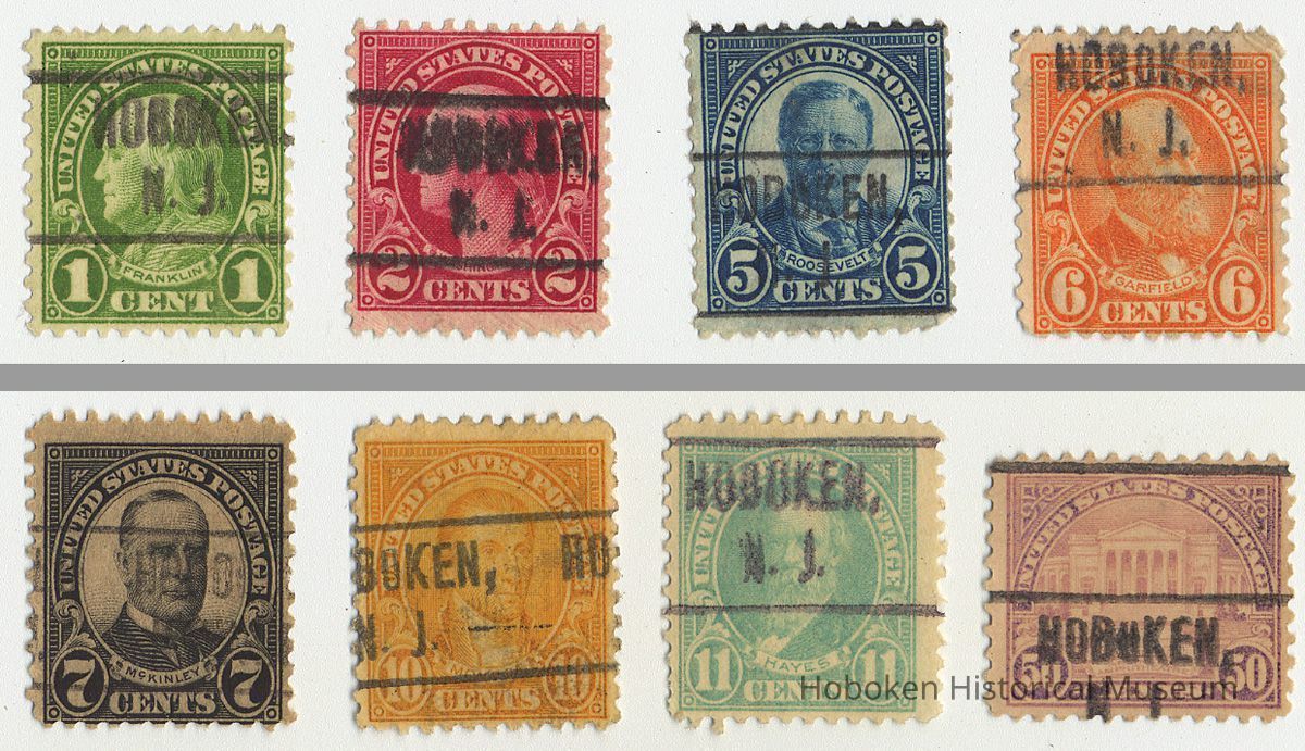 Group of eight U.S. Postage stamps, Hoboken, N.J. pre-cancels; condition