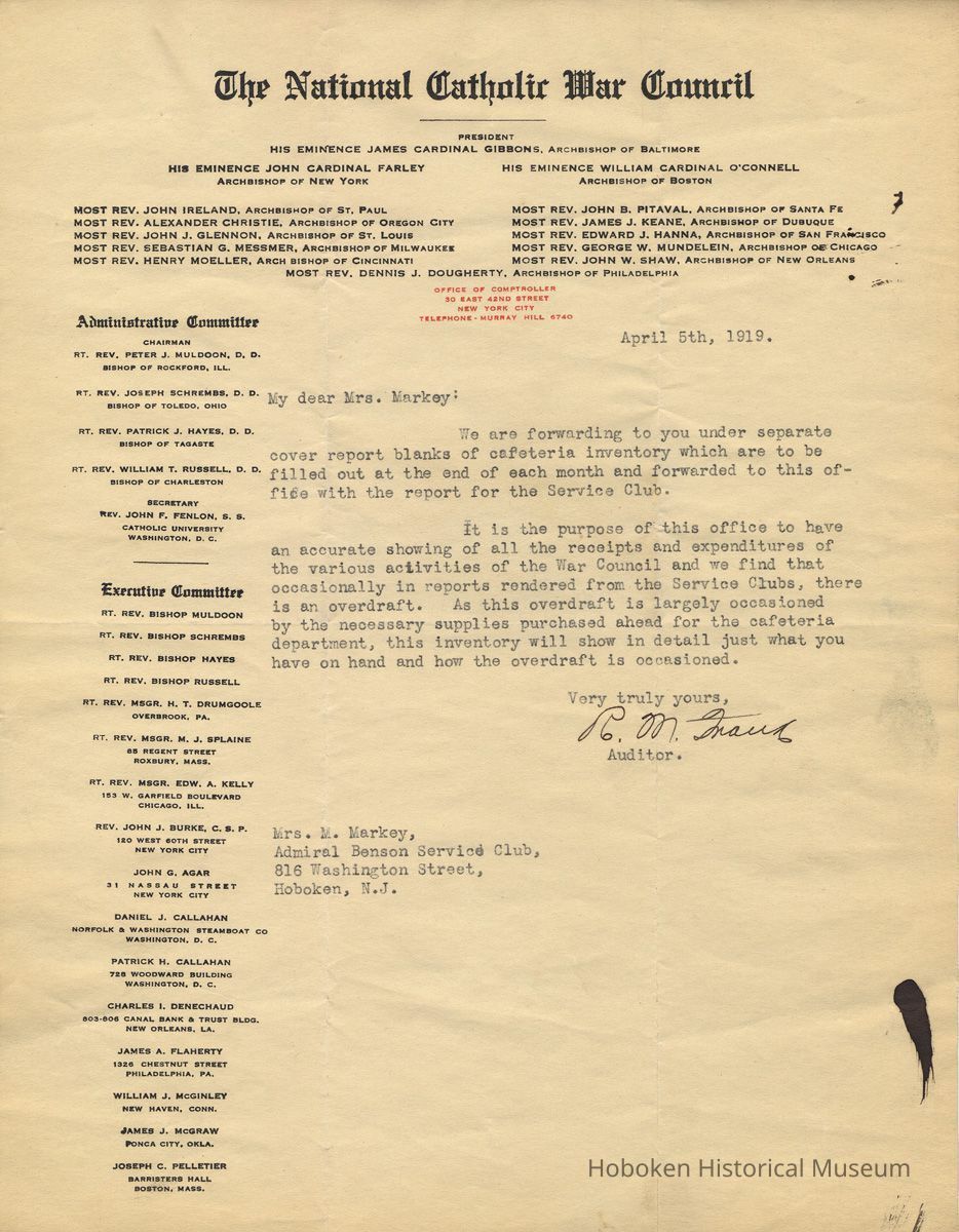 TLS from R.M. Frank, National Catholic War Council to Mrs. Markey, Admiral Benson Club, Hoboken, April 5, 1919 re report blanks for cafeteria inventory. picture number 1