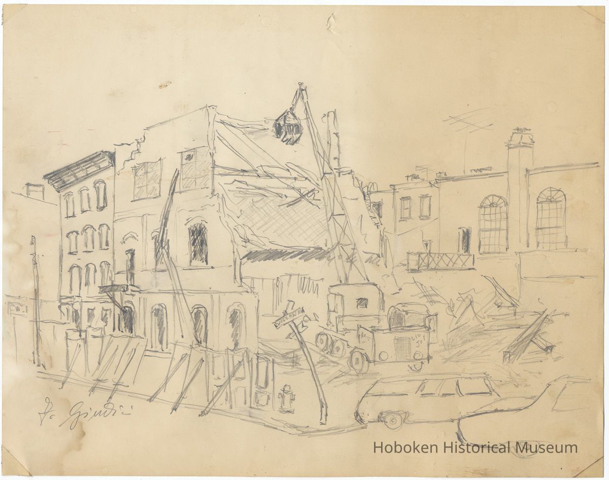 Drawing: Pencil study of the demolition of Stevens Hoboken Academy building by F. Guidici, Hoboken, no date, ca. late May,1976. picture number 1