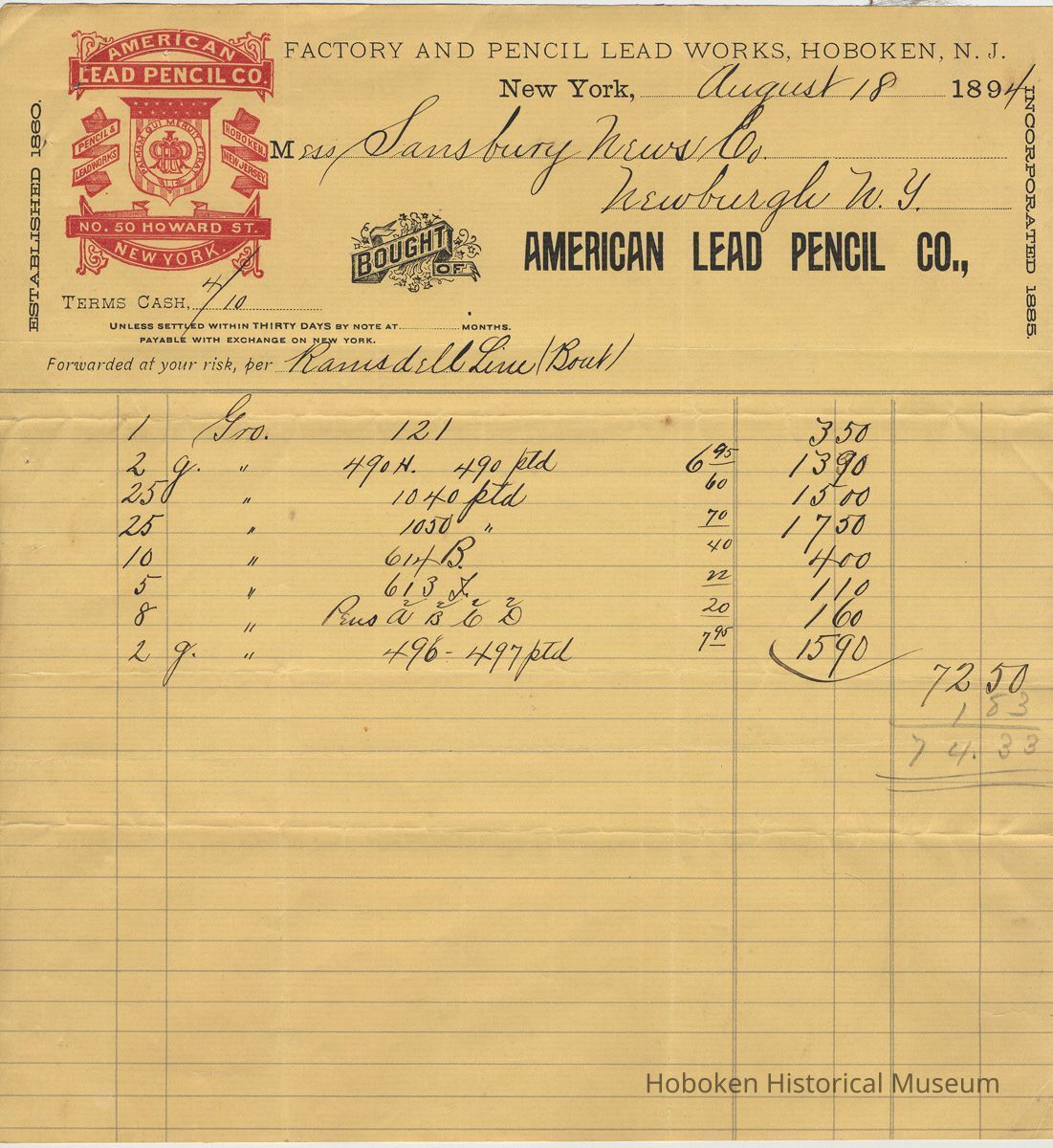 Invoice billhead of American Lead Pencil Company, August 18, 1894. picture number 1