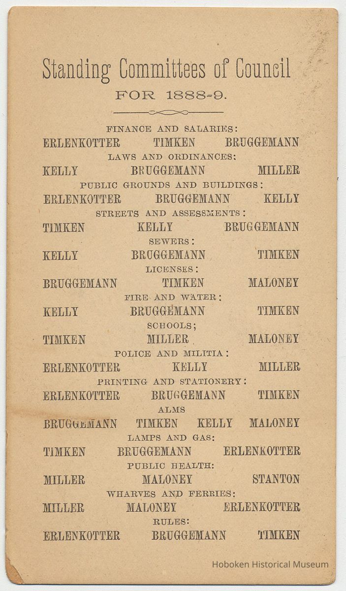 Pocket reference card: Standing Committees of City Council For 1888 - 1890