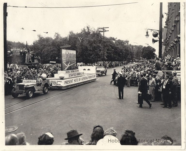 B+W photo of a General Foods Maxwell House Coffee float, Baseball Centennial parade, Hudson Street, Hoboken, June 19, 1946. picture number 1