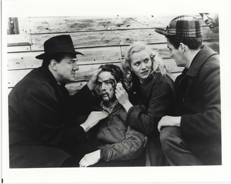 B+W publicity photo of Marlon Brando as Terry Malloy with Karl Malden, Eva Marie Saint in film 