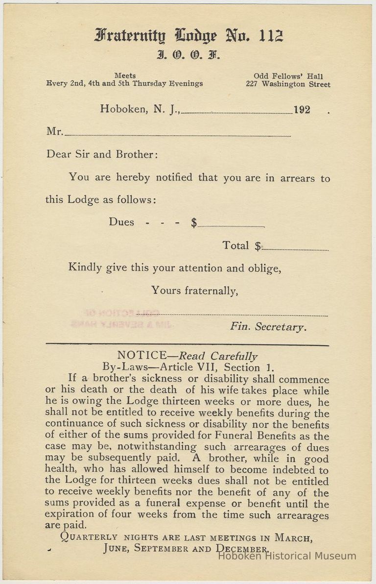 Blank printed form notice: Fraternity Lodge No. 112, I.O.O.F. (International Order of Odd Fellows), Hoboken, from the 1920's. picture number 1