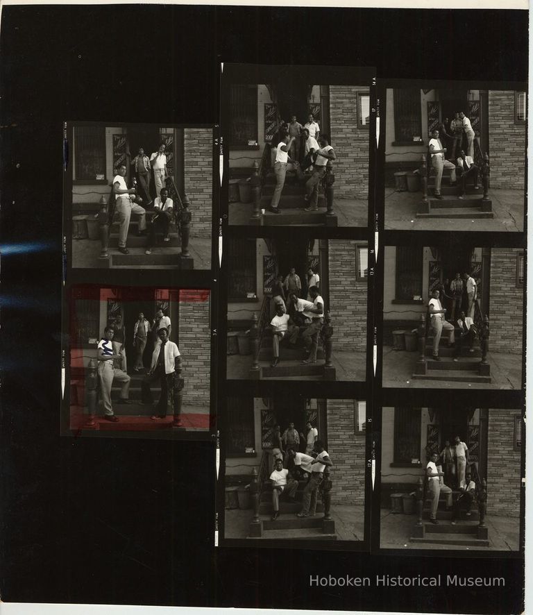 B+W negative contact sheet of images of Hoboken taken by John Conn. no date, [1976]. picture number 1