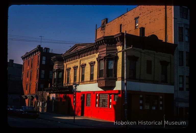 Color slide of eye-level view of front and side façades of 94-98 Bloomfield on the SW corner of Bloomfield & 1st picture number 1