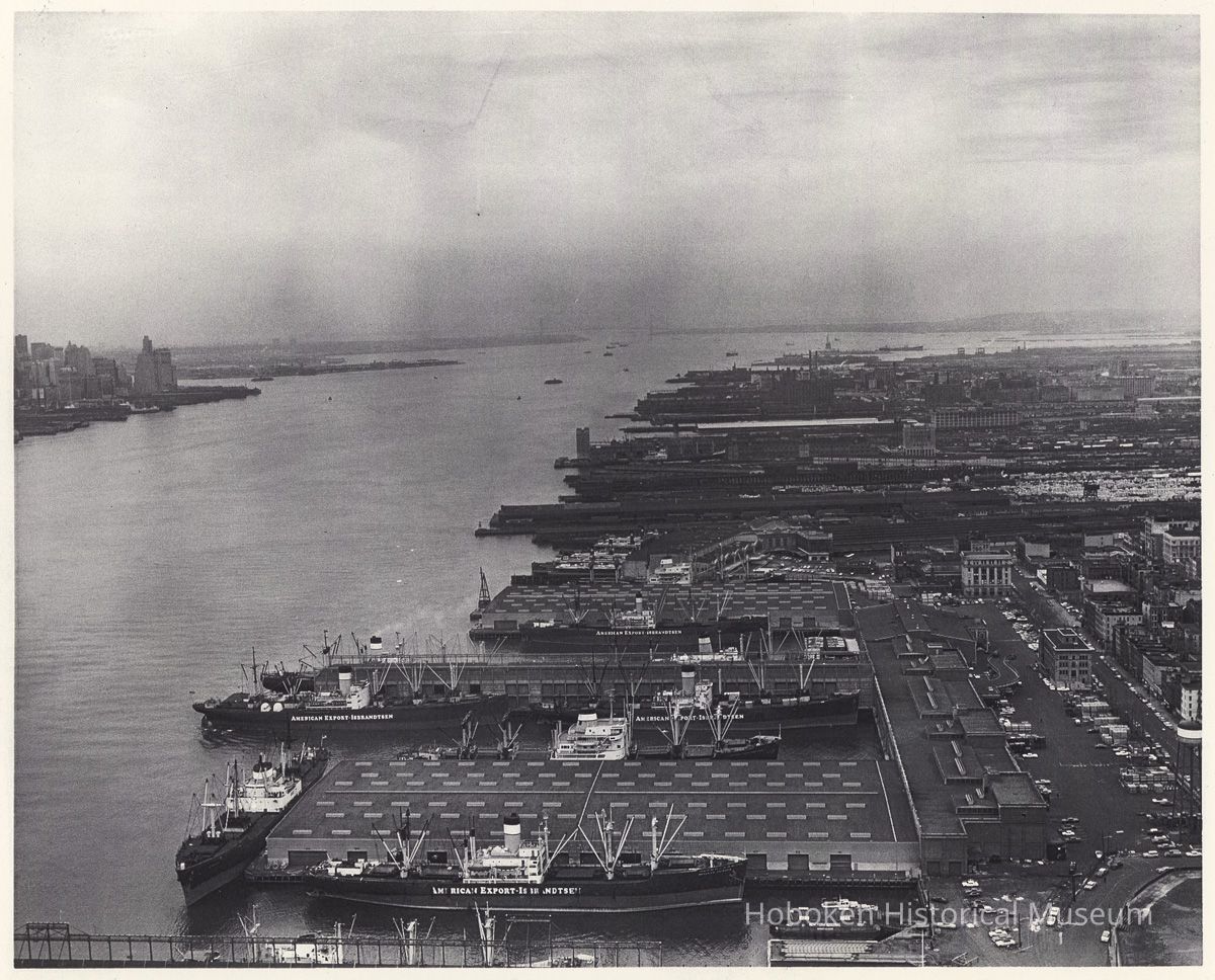 B+W aerial photo of Port Authority Piers A, B & C, Hoboken, n.d., ca. 1965-1968. picture number 1