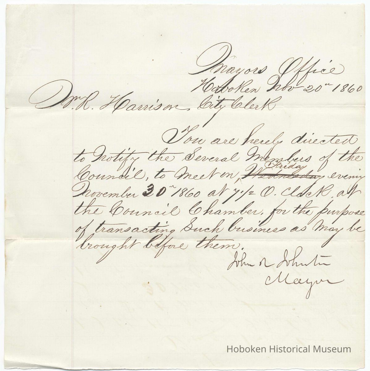 Digital image, document: Note by Mayor John R. Johnson notifying City Clerk to call a Council meeting, Hoboken, November 20, 1860. picture number 1