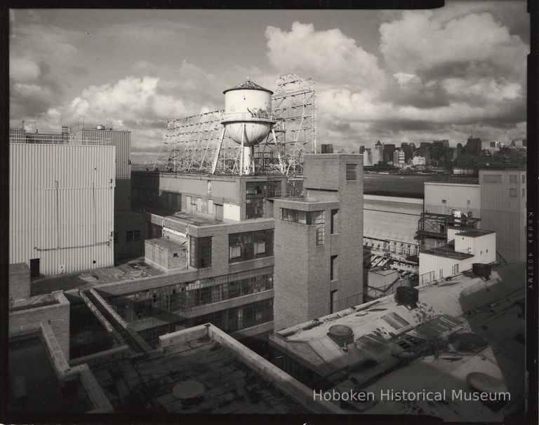 B+W photo of former Maxwell House Coffee plant exterior, overview looking northeast from top of Soluble Building, Hoboken, 2003. picture number 1