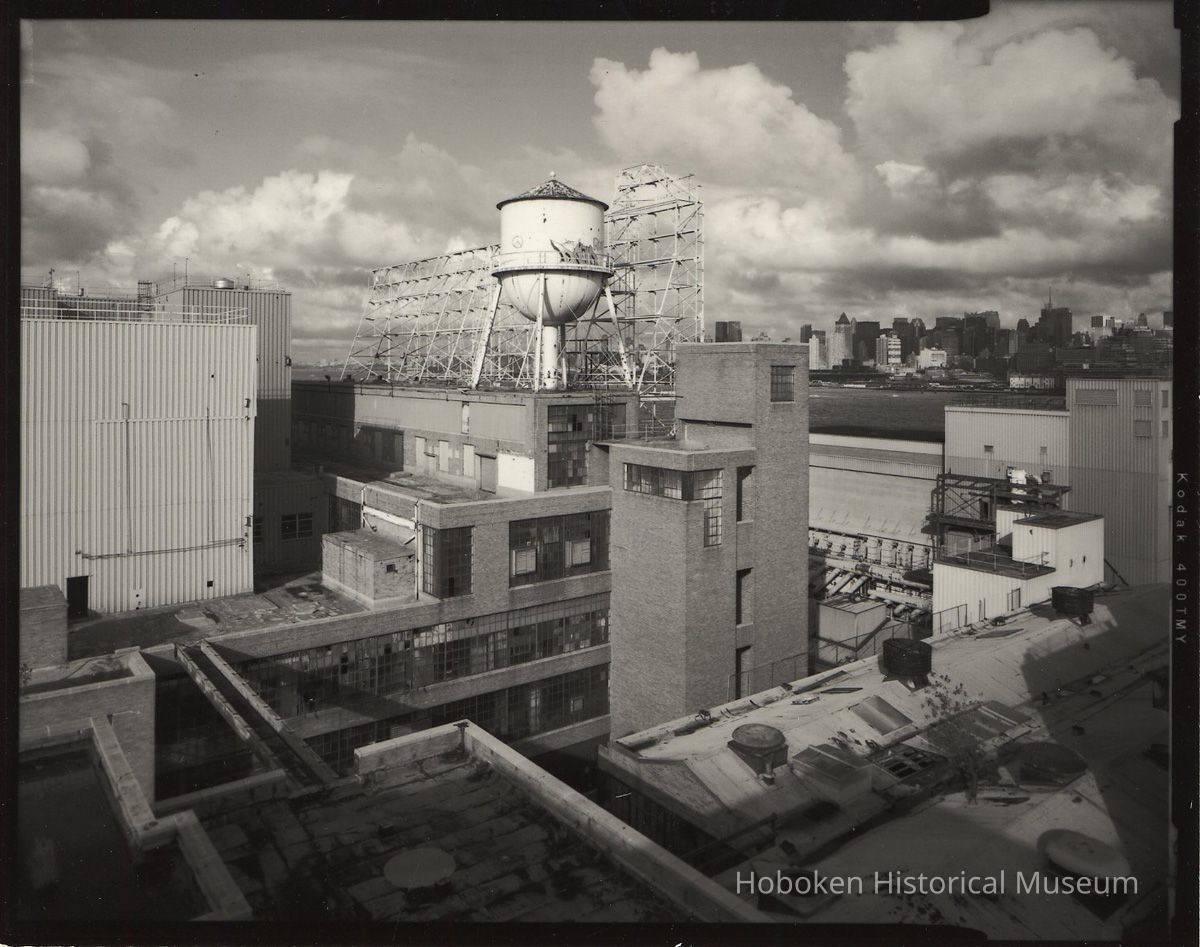 B+W photo of former Maxwell House Coffee plant exterior, overview looking northeast from top of Soluble Building, Hoboken, 2003. picture number 1