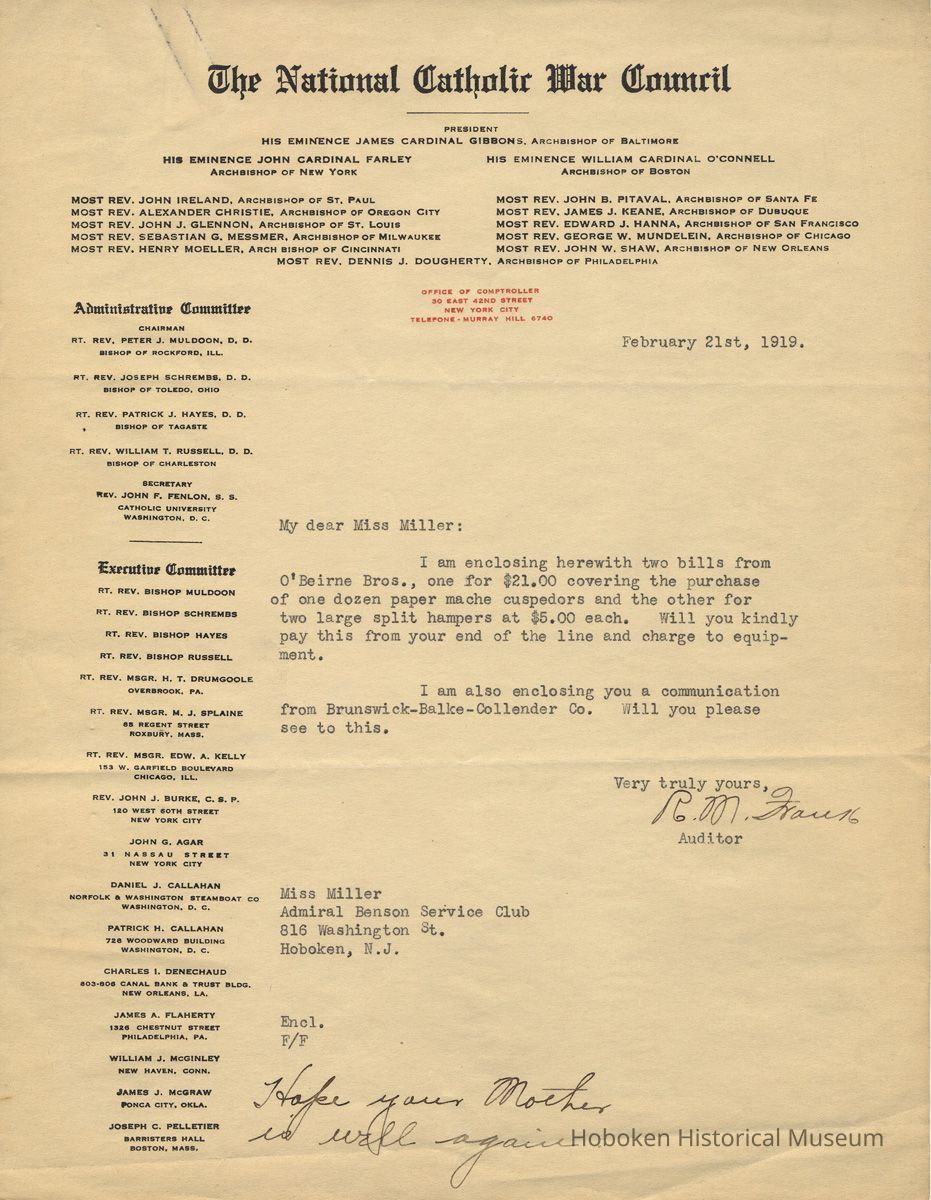 TLS to Florence Miller, Admiral Benson Club, Hoboken, Feb. 21, 1919. picture number 1