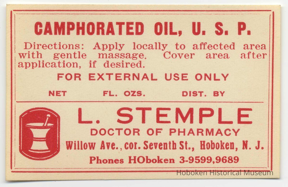 Printed label for medicine container, Camphorated Oil, U.S.P., from Stemple Pharmacy, 266 Seventh St., Hoboken, no date, ca. 1940. picture number 1