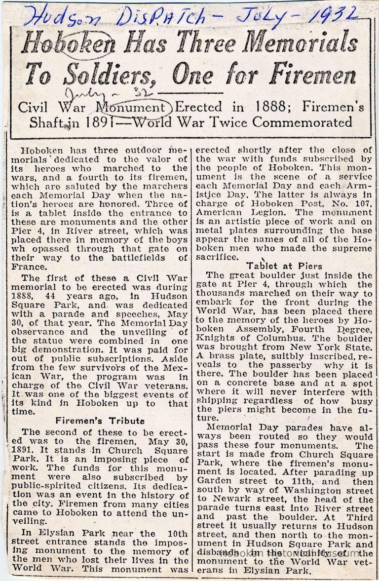 Digital image of newsclipping: Hoboken Has Three Memorials to Soldiers, One for Firemen. Hudson Dispatch, July 1932. picture number 1