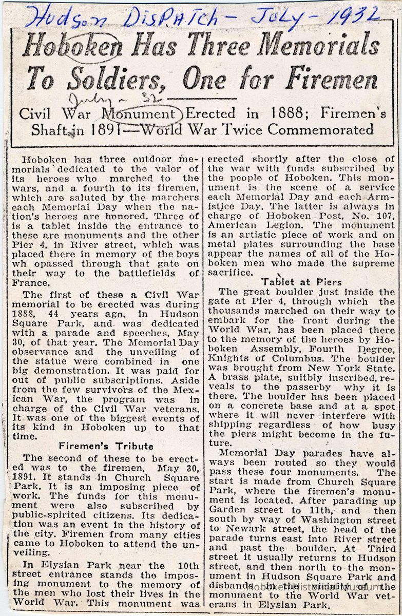 Digital image of newsclipping: Hoboken Has Three Memorials to Soldiers, One for Firemen. Hudson Dispatch, July 1932. picture number 1