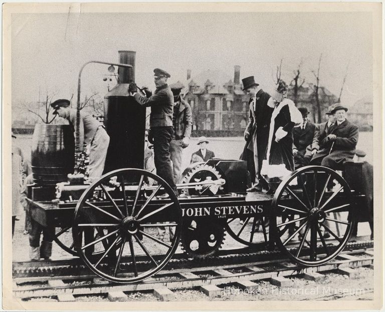 B+W copy photo of locomotive John Stevens on rails at Castle Point, Hoboken, n.d., ca. 1925. picture number 1