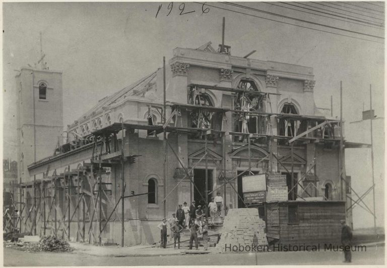 B+W photo of construction progress on St. Ann's Church showing exterior masonry work, Hoboken, 1926. picture number 1