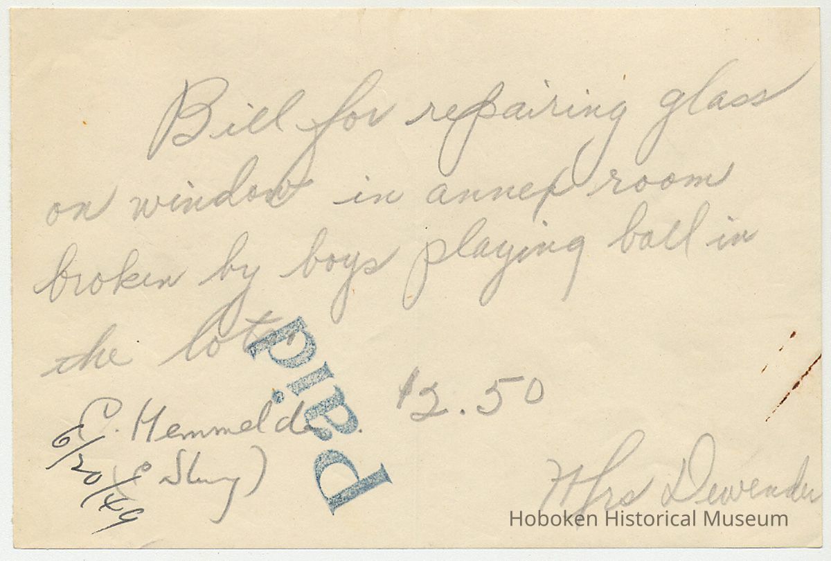 Bill for repairing window at First Church of Christ, Scientist, 829 Bloomfield St., Hoboken, 1949. picture number 1