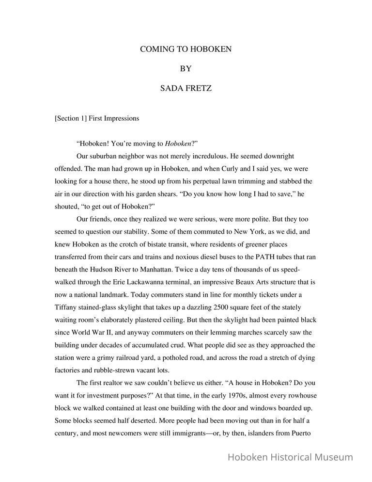 Coming to Hoboken. Typed manuscript of 24 page essay by Sada Fretz, Hoboken, 2006. picture number 1