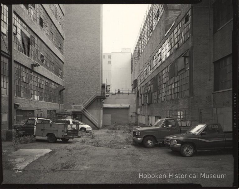 B+W photo of former Maxwell House Coffee plant exterior, between Manufacturing Building & Extraction Building, Hoboken, 2003. picture number 1