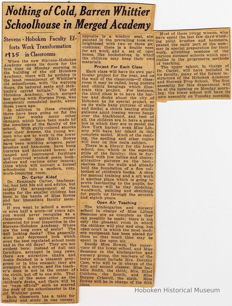 Digital image of newsclipping about merger of Stevens Prep & Hoboken Academy to become Stevens Hoboken Academy. No source, September, 1935. picture number 1