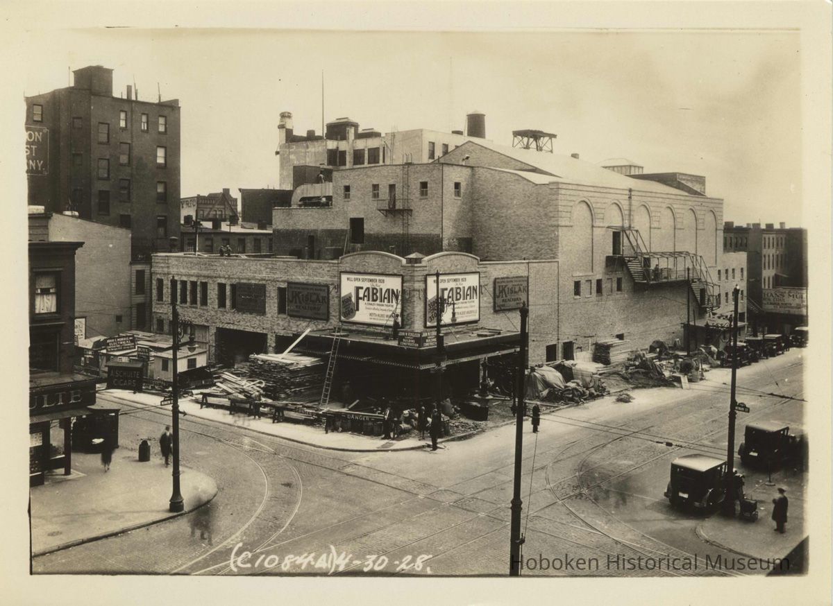 Sepia-tone photo of the exterior of the Fabian Theatre, Newark & Washington Sts., Hoboken, April 30, 1928. picture number 1