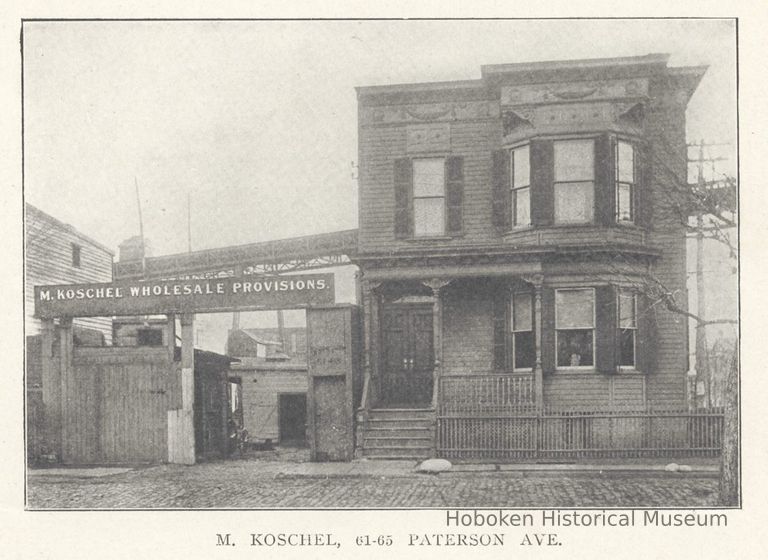 Printed B+W photograph of M. Koschel, Wholesale Provisions, 61-65 Paterson Ave., Hoboken, no date, ca. 1906-1908. picture number 1