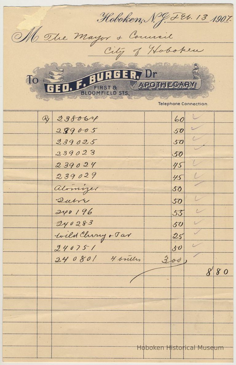 Bill from George F. Burger, Apothecary to Mayor and Council, City of Hoboken, Feb.13, 1907. picture number 1