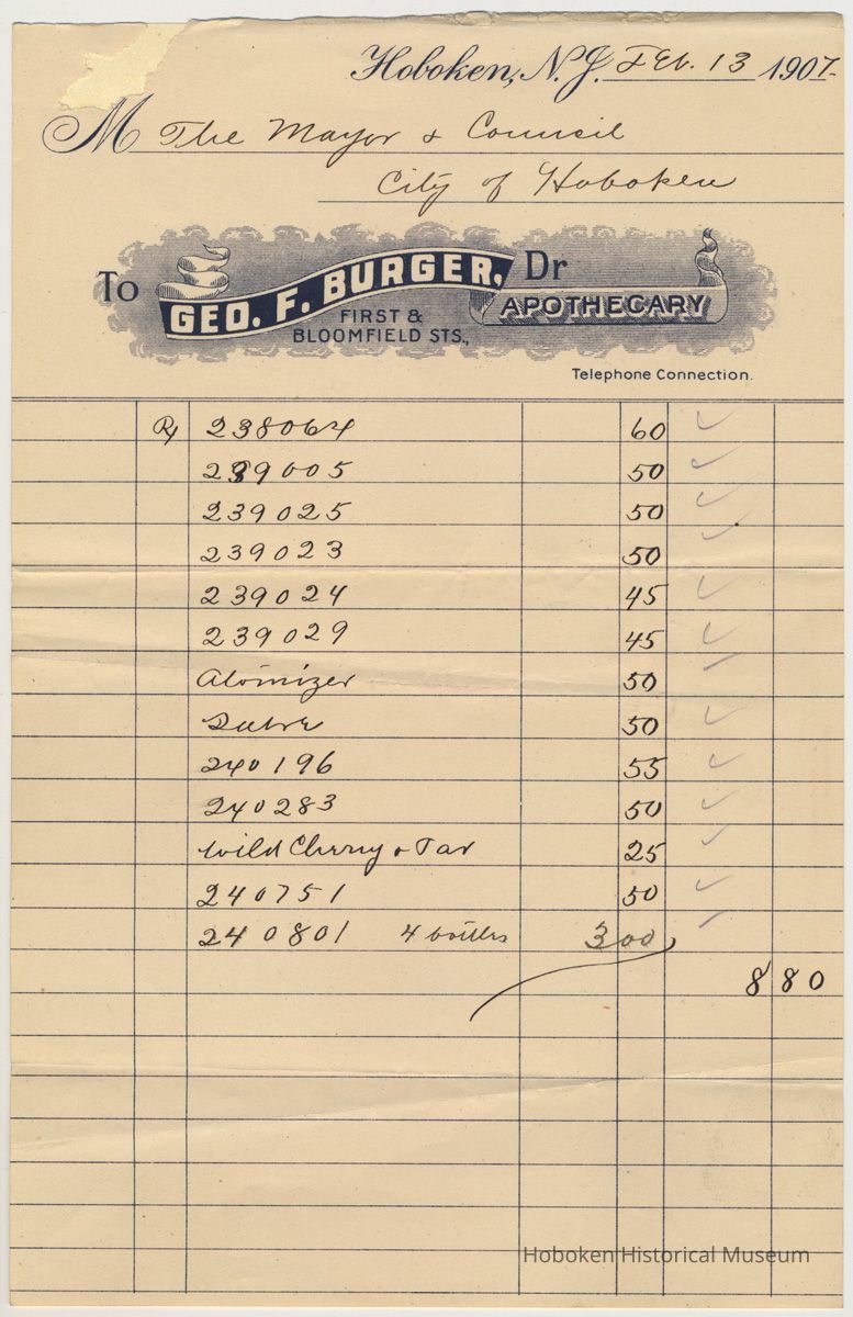 Bill from George F. Burger, Apothecary to Mayor and Council, City of Hoboken, Feb.13, 1907. picture number 1