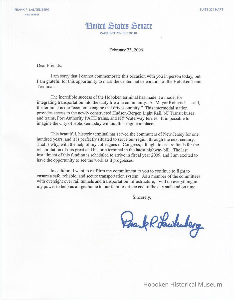 Typed letter signed from U.S. Senator Frank R. Lautenberg to 